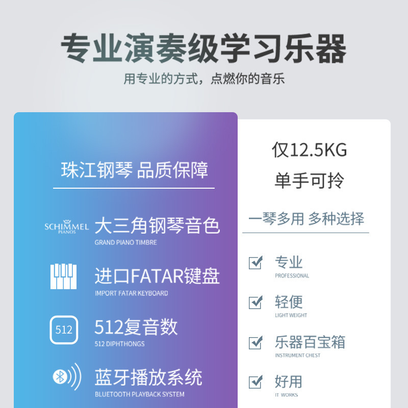 珠江钢琴集团便携式艾茉森数码钢琴P200意大利进口键盘数码钢琴