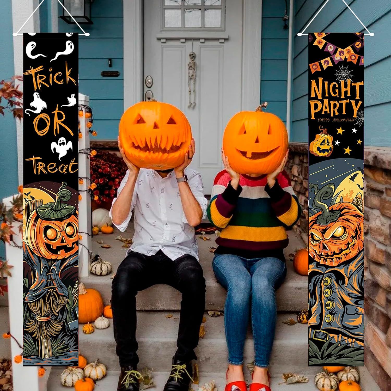 A porch banner against a 30x180cm pair of pumpkins and a banner against a United Halloween decoration gallery.