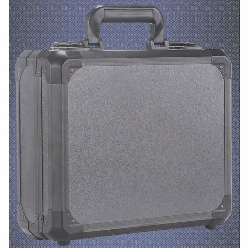 A suitcase with a large aluminium alloy multi-purpose anti-shock device.