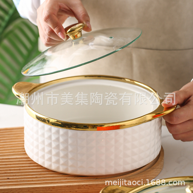 新款陶瓷帶蓋湯鍋餐廳家用北歐雙耳加厚金邊大容量盛湯大碗跨境