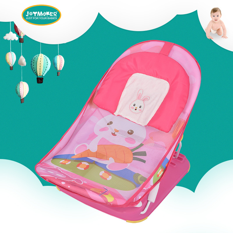 The baby showers a chair, the baby comforts a chair, the baby lays a chair, and the baby sleeps a cradle.