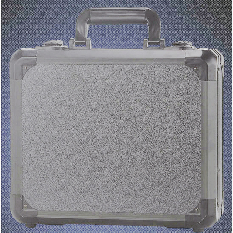 A suitcase with a large aluminium alloy multi-purpose anti-shock device.