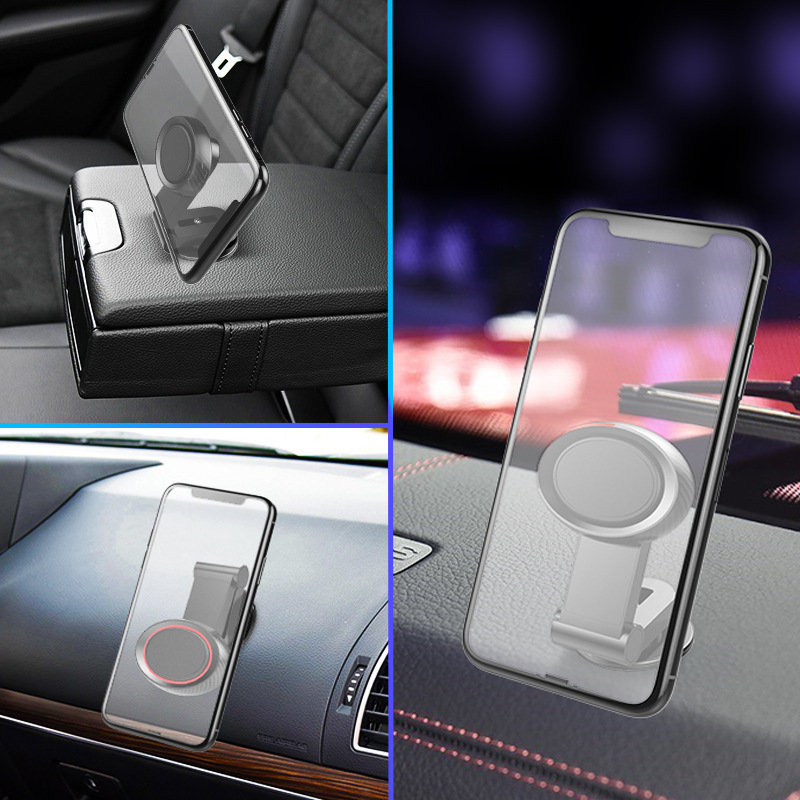 A vehicle-mounted magnet-sucking cell phone stand can be rotated and folded with a strong and secure medium control dashboard to paste the navigator