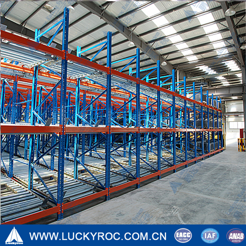 Pyramids set up a large factory warehouse with a first gravity roller storage heavy shelf.