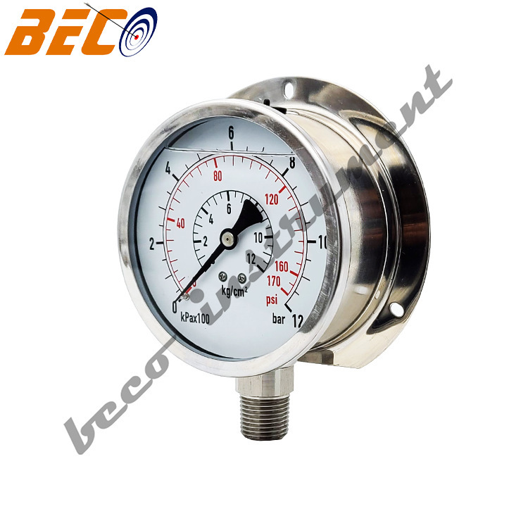 BeCO directs 100 mm 316 all stainless steel pressure gauges.