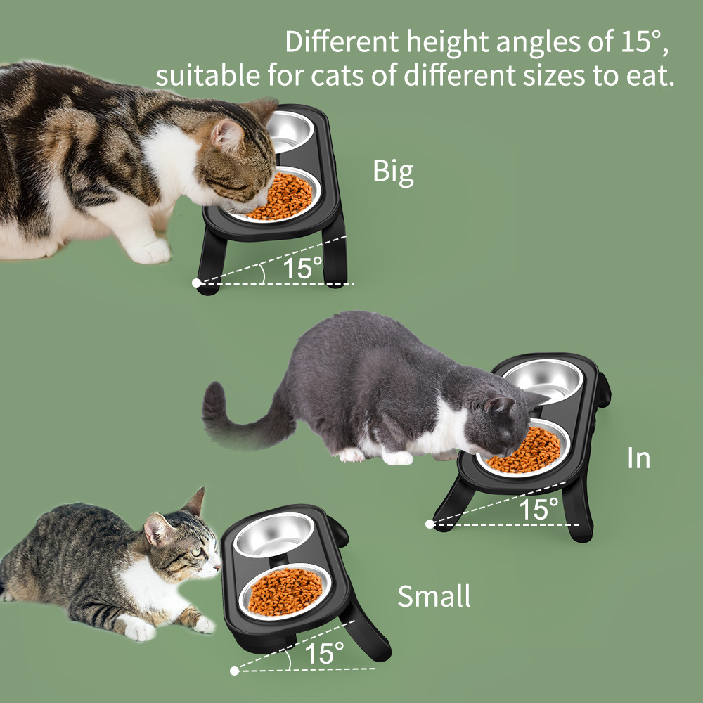 工厂直供热卖304猫碗保护颈椎倾斜式食盆斜口双碗设计升降猫餐桌