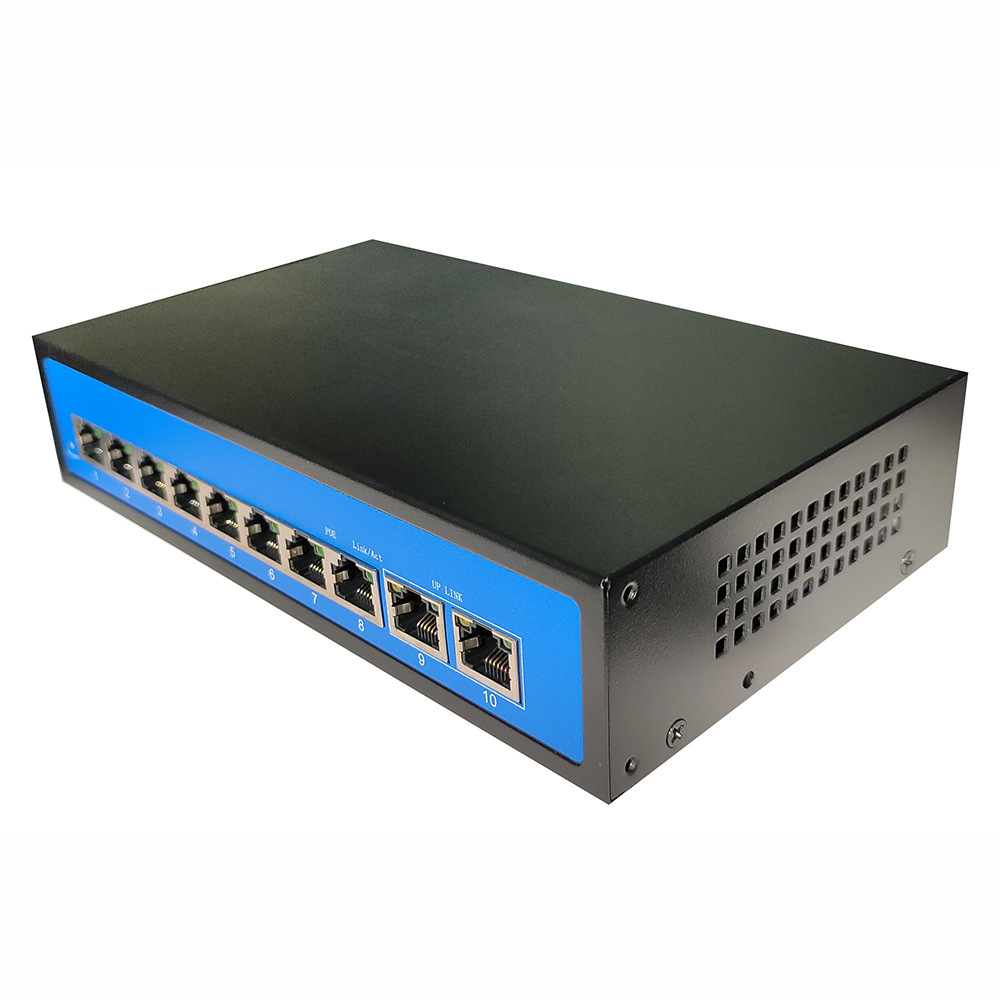 Standard 8 PoE switch, gigabytes, smart, webcams, country sign plugs.