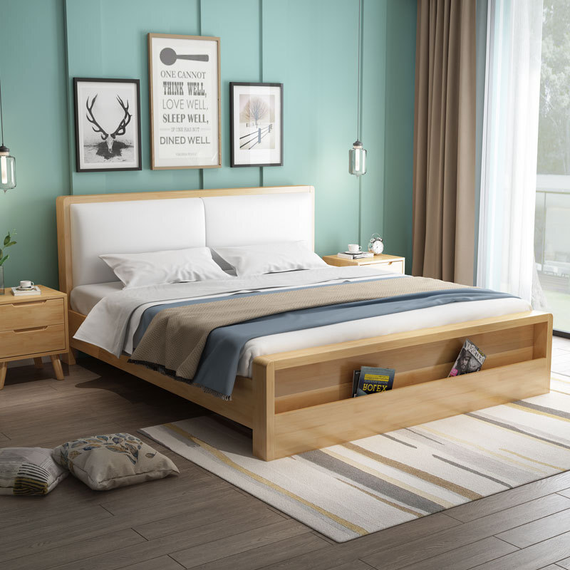 Two-person bed, about 1.8 new, modern Nordic soft skin, 1.5 m wood bed with modern, simple Japanese reserves