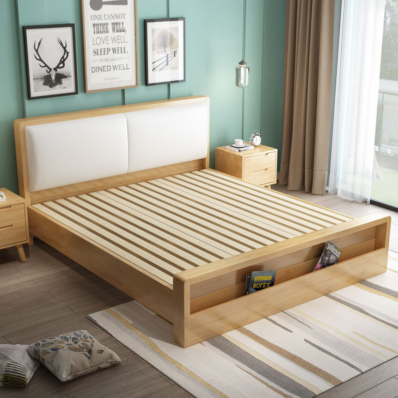 Two-person bed, about 1.8 new, modern Nordic soft skin, 1.5 m wood bed with modern, simple Japanese reserves