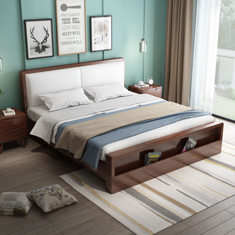 Two-person bed, about 1.8 new, modern Nordic soft skin, 1.5 m wood bed with modern, simple Japanese reserves