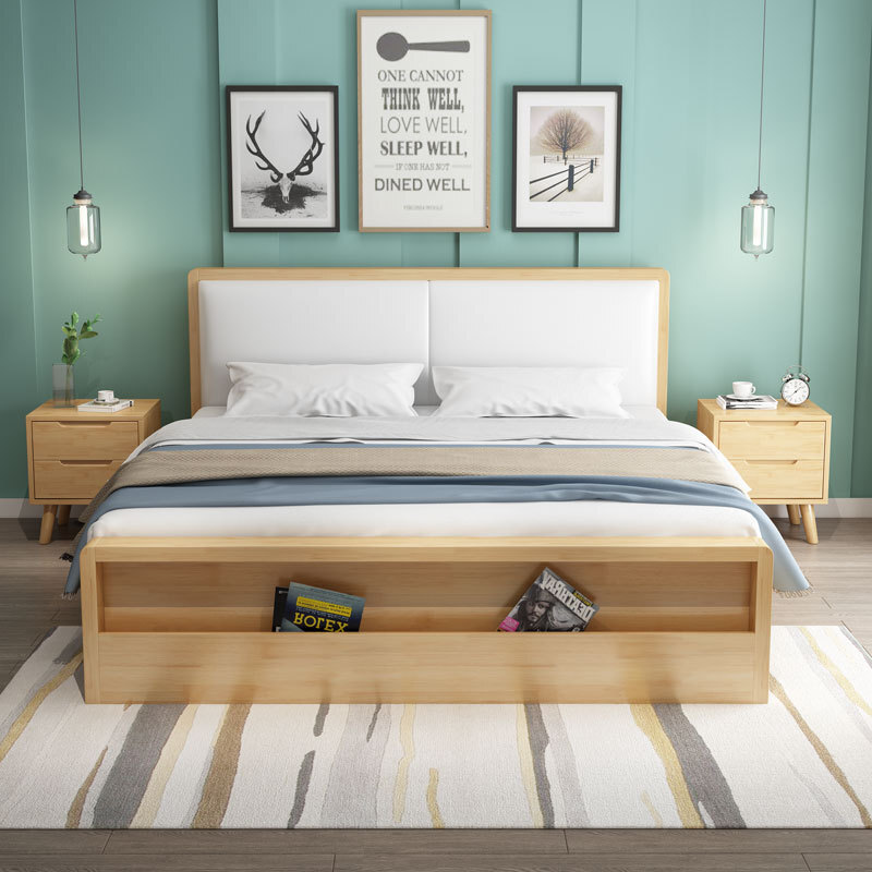 Two-person bed, about 1.8 new, modern Nordic soft skin, 1.5 m wood bed with modern, simple Japanese reserves