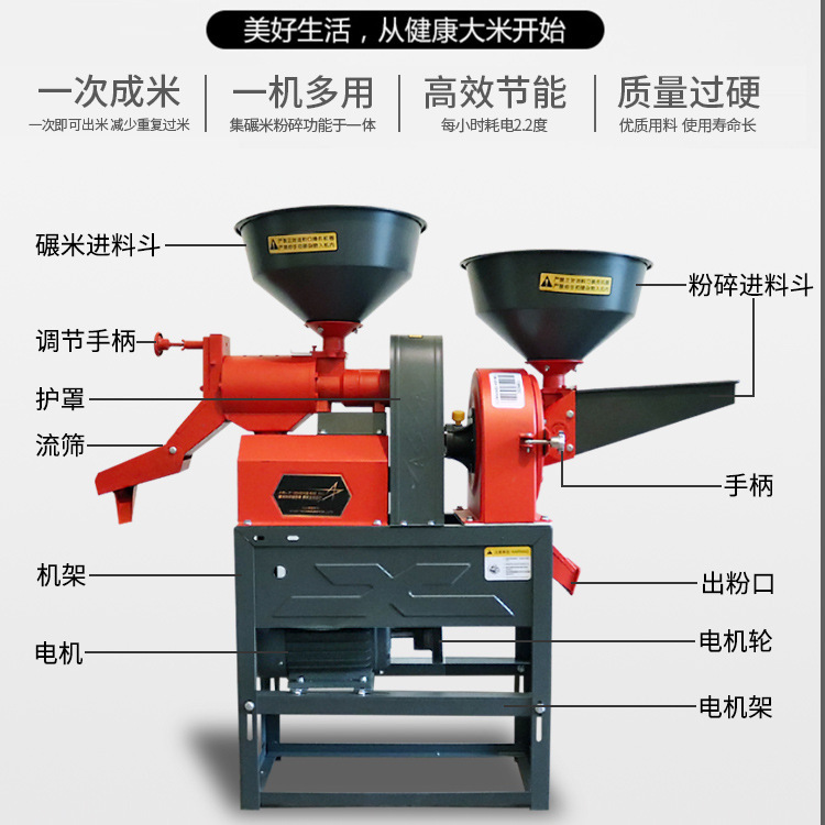 A small household rice mill, a commercial rice-crusher, a rice-crusher, and a rice paddy.