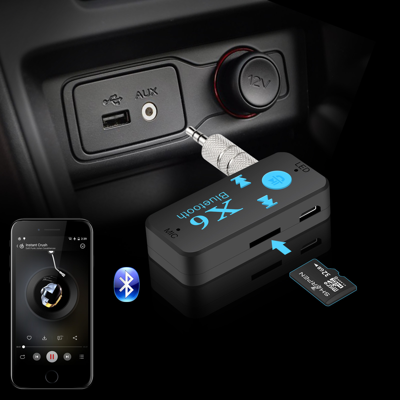 The new X6 Bluetooth receiver supports TF reading cards, car-mounted Bluetooth Wireless Bluetooth adapter.