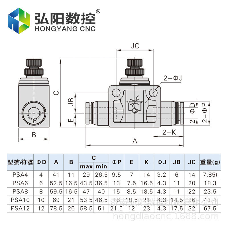 SA节流调速阀气动气管快速接头管道阀SA-4/6/8/10/12流量直通阀门