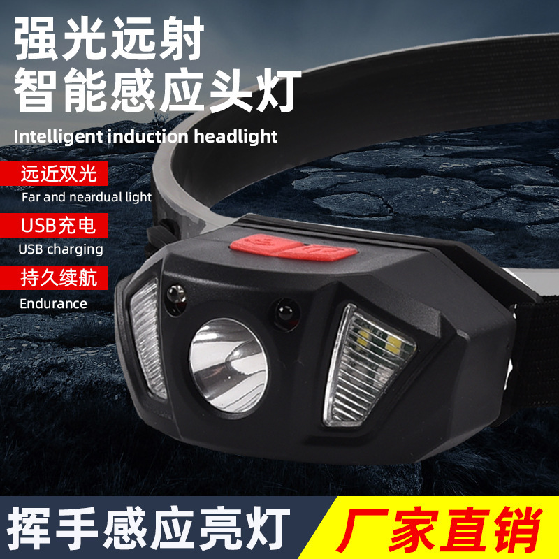 Cross-border new portable outdoor camping night-lighted LED sensor headlamps USB charged running headlamps