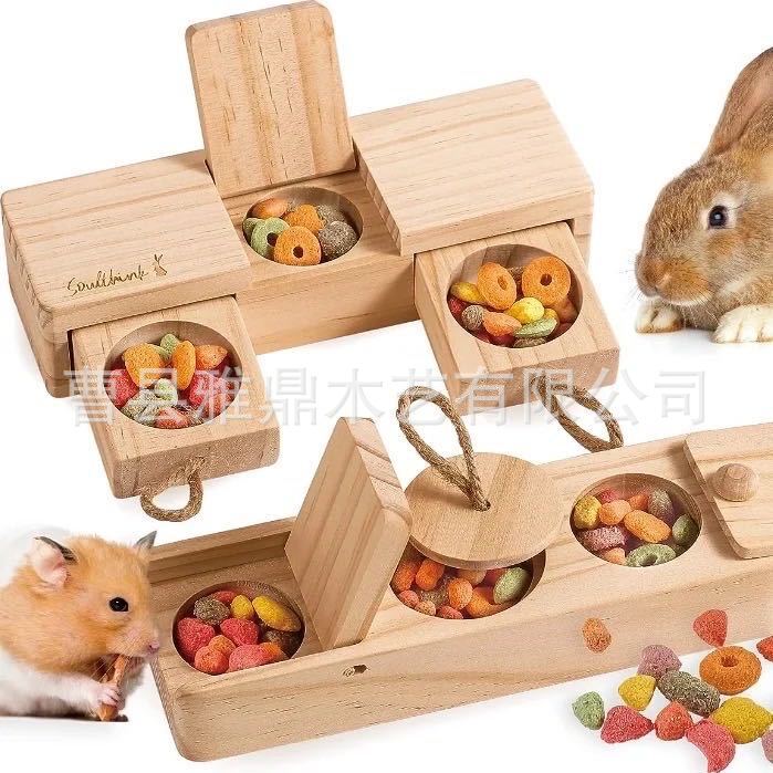 創意木製倉鼠餵食器簡易實木金絲熊覓食玩具木質小型寵物互動玩具