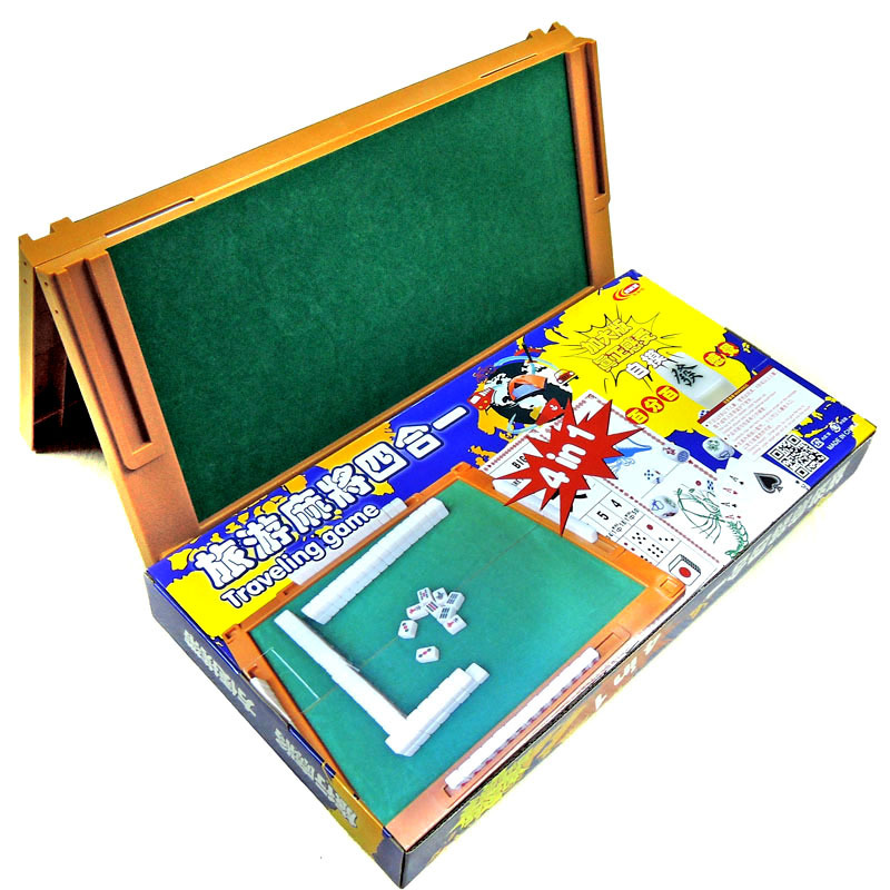 A customized mini mahjong with a folding table engraved trip with a dice on the cardboard.