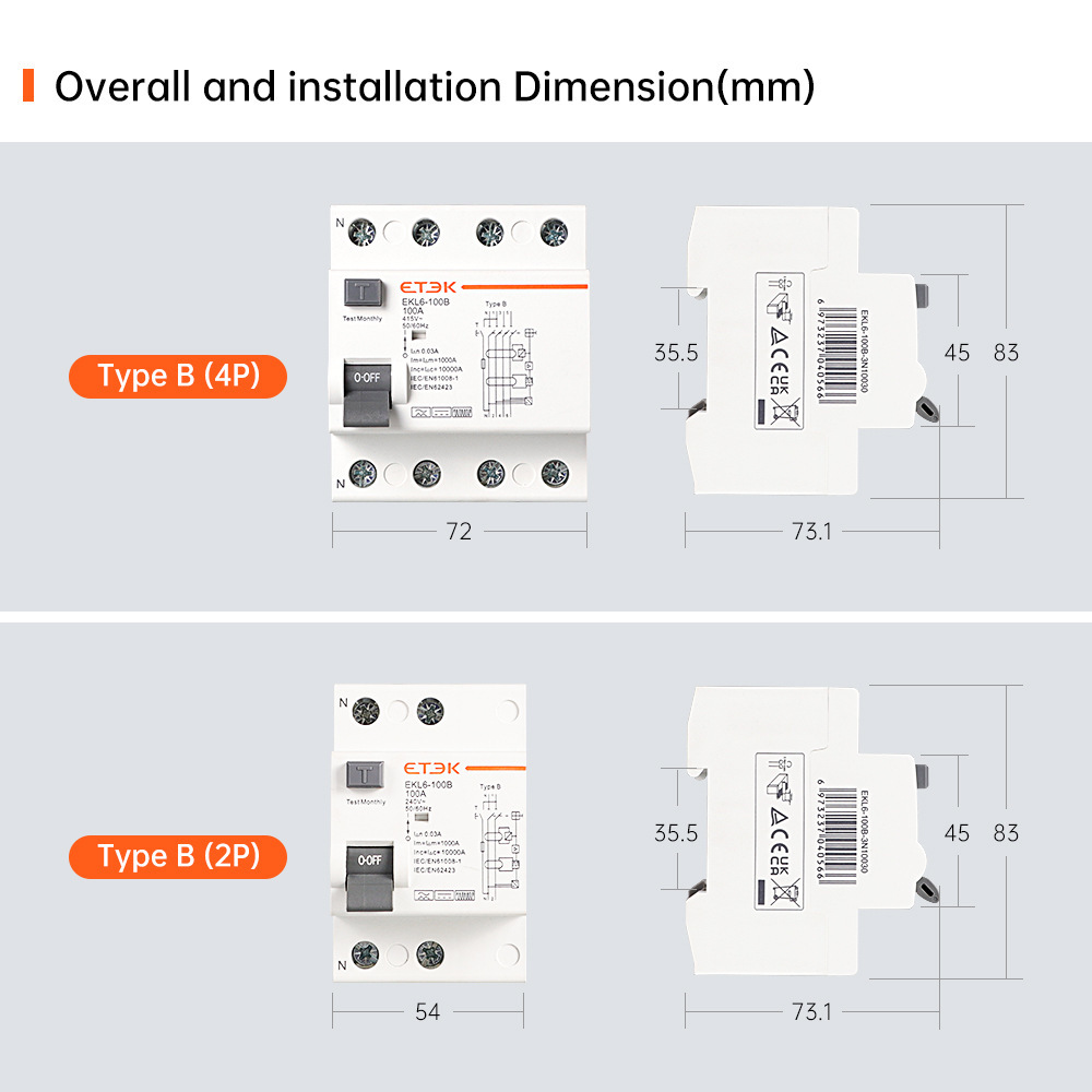 ETEK EKL6-100B 3P+N40A30MA TypeB RCD 漏電斷路器 外貿款