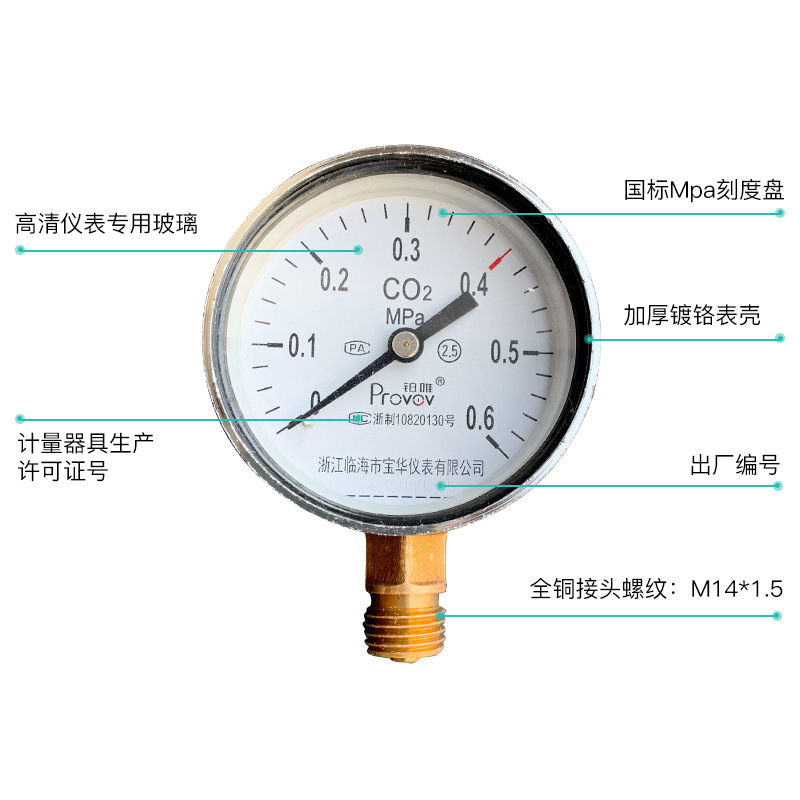 铂唯Y-60二氧化碳压力表co2减压器表头（0.25/0.6/1.6/2.5/25)MPa