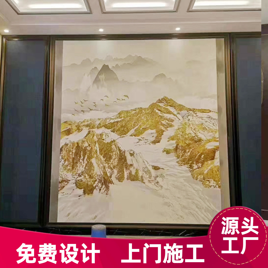 厂家刺绣背景墙布新中式壁画电视墙画酒店硬包花鸟山水独绣壁布