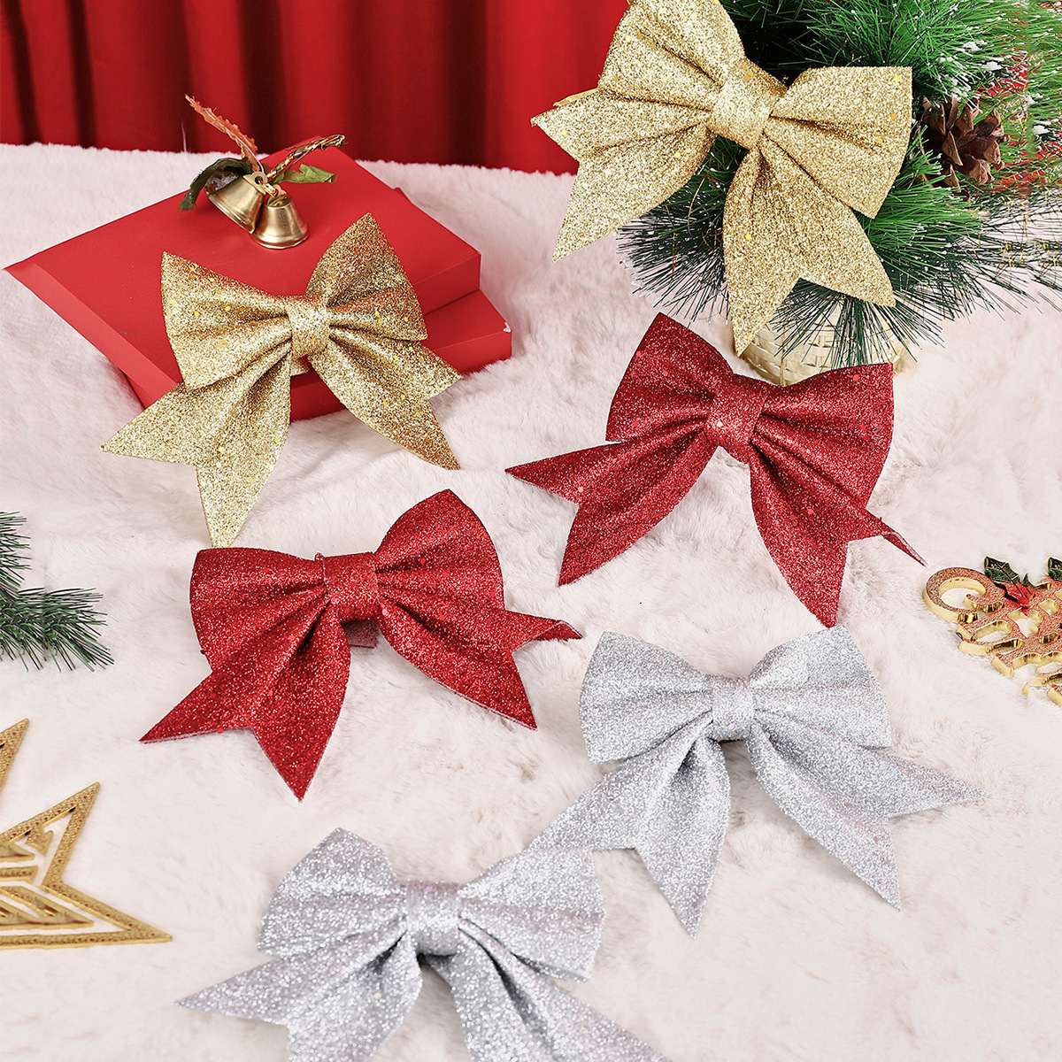 Christmas decorations, gold and silver butterflies, Christmas tree and Christmas party vibes.