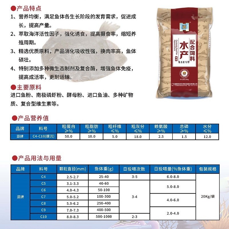 源牌 海水鱼配合饲料大菱鲆鱼 多宝鱼粮 鱼食专用鱼 厂家批发20KG