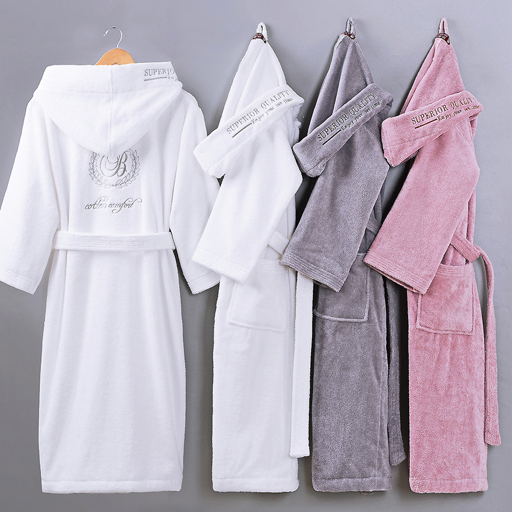 The hotel's pure cotton bathrobe and the morning robe with the hooded man and woman with the white towels.