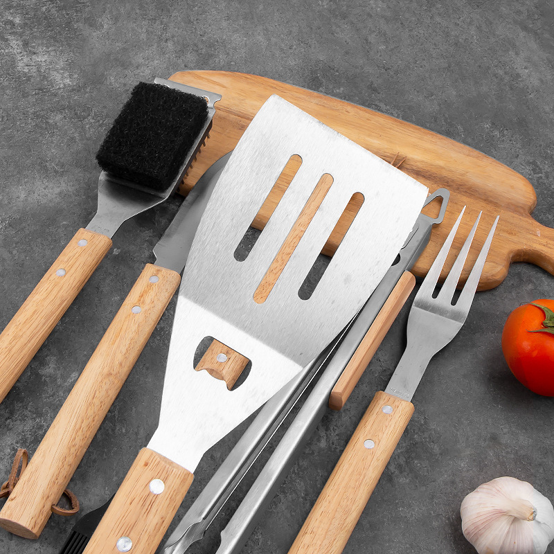 现货厂家BBQ不锈钢烧烤工具套装户外木柄叉铲夹组合烧烤具全套装