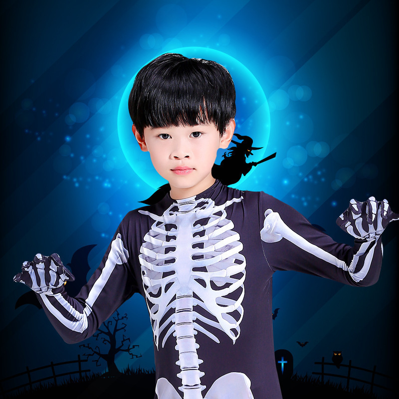 Trang phục Halloween, trẻ em, bộ xương hộp sọ, trò chơi kinh dị, tiệc vũ hội trẻ em chơi đồ hóa trang.