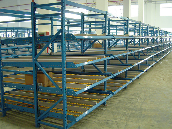 Self-sliding multi-storey shelf, self-sliding shelf, clothing warehouse shelf.