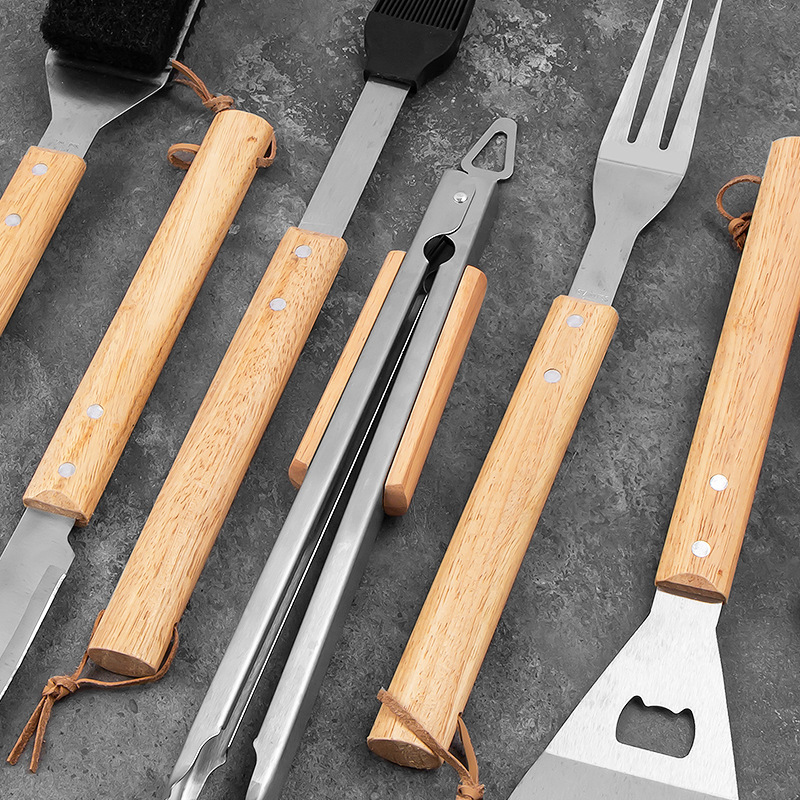 现货厂家BBQ不锈钢烧烤工具套装户外木柄叉铲夹组合烧烤具全套装