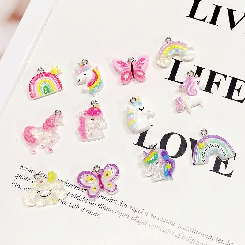 [Can] Cartoon unicorn rainbow resin adhesives for hand-held necklace locket.