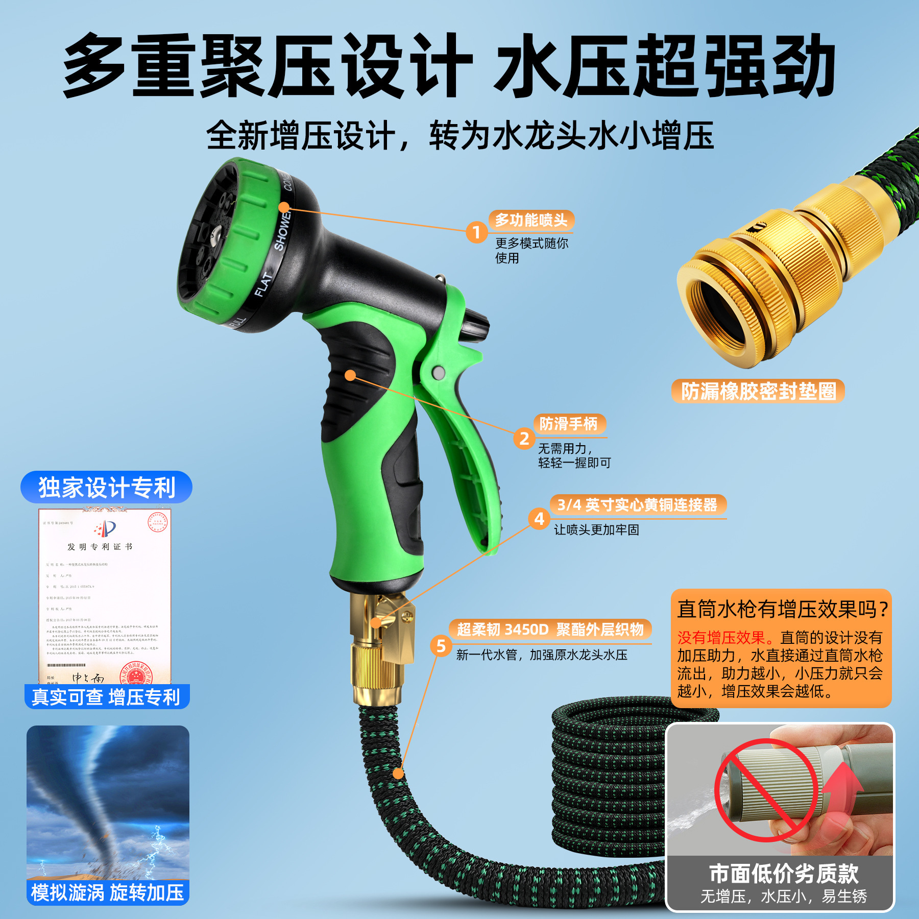 Cross-border 3 times stretch pipe garden irrigation, home garden water pistols, high-voltage blast cleaners, customizing pipes.