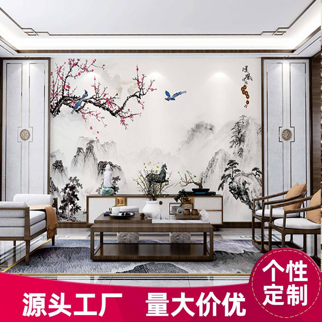 新中式刺绣背景墙布山水宫廷壁画沙发墙画酒店卧室软硬包独绣定制