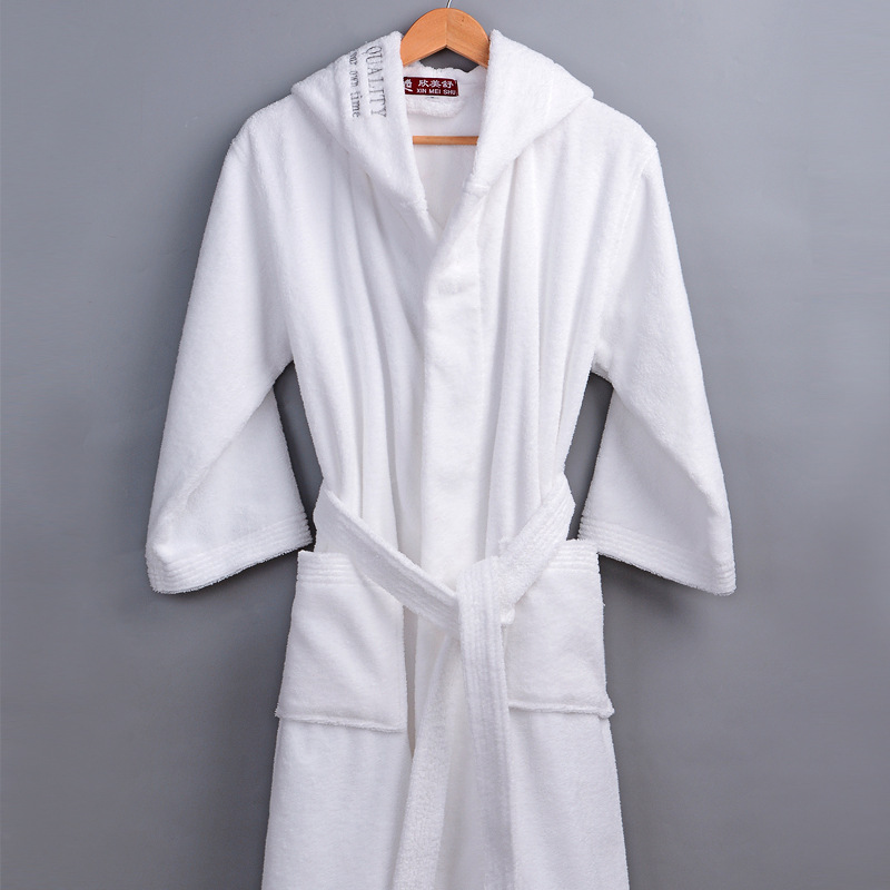 The hotel's pure cotton bathrobe and the morning robe with the hooded man and woman with the white towels.