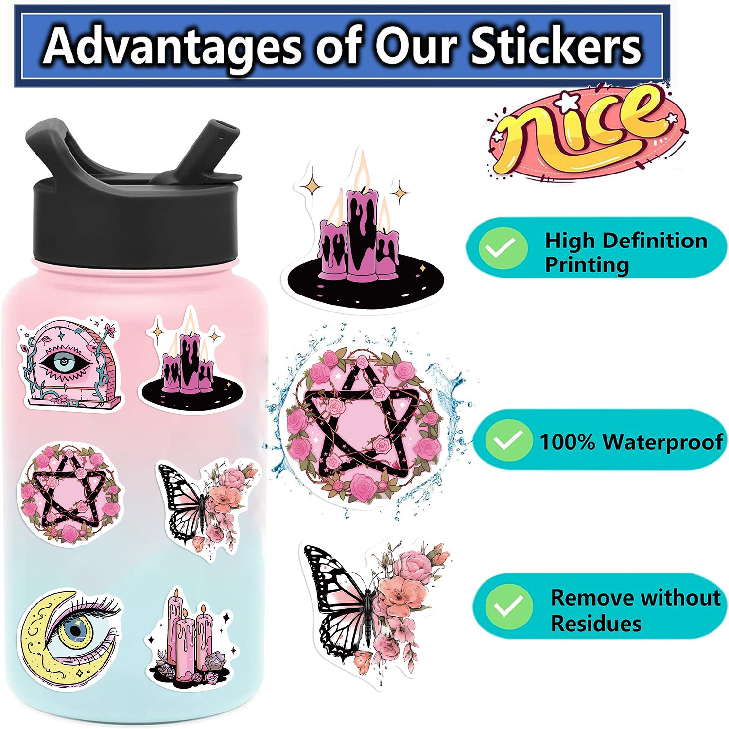 100 phù thủy hoạt hình màu hồng, xanh lá cây với các nhãn dán graffiti trang trí các va li đựng các nhãn dính chống thấm nước DIY