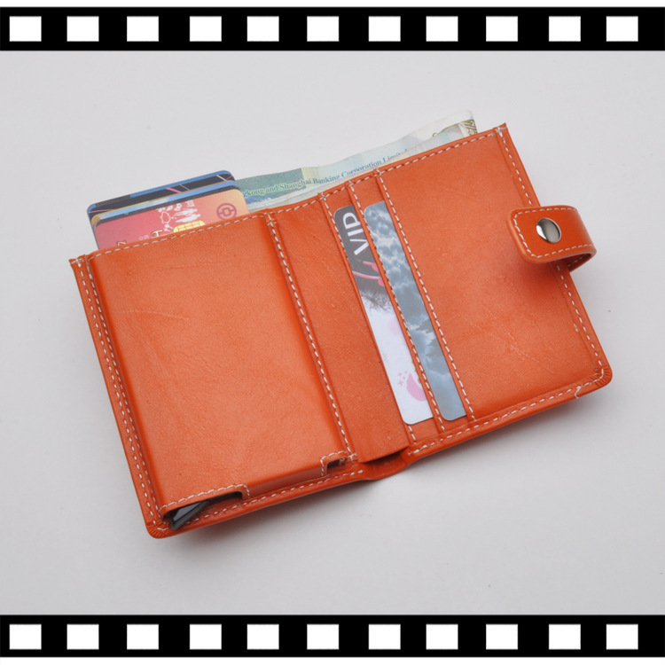 Pop-up bank credit card packs for real RFID business cards with a simple aluminium multi-capacity woman's wallet