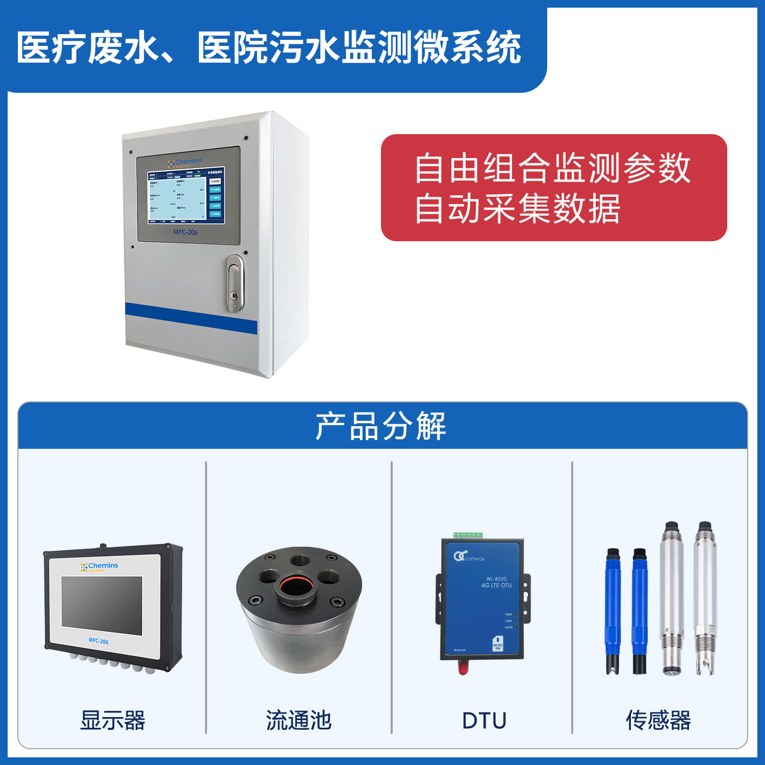 Medical wastewater Hospital sewage multi-parametric water quality monitor COD residual chlorammonium nitrogen pH suspension online