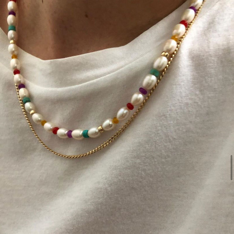 Fresh water pearl necklace girl Rainbow Crystal Glass is on holiday, and the red tide of the Euro-American net is a simple fashion chain.