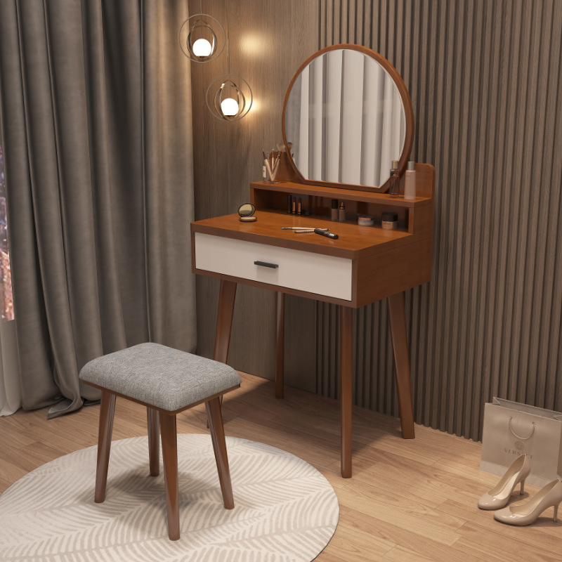 A small Nordic dresser in the wood dressing table. A modern, simple dresser table with a red light.