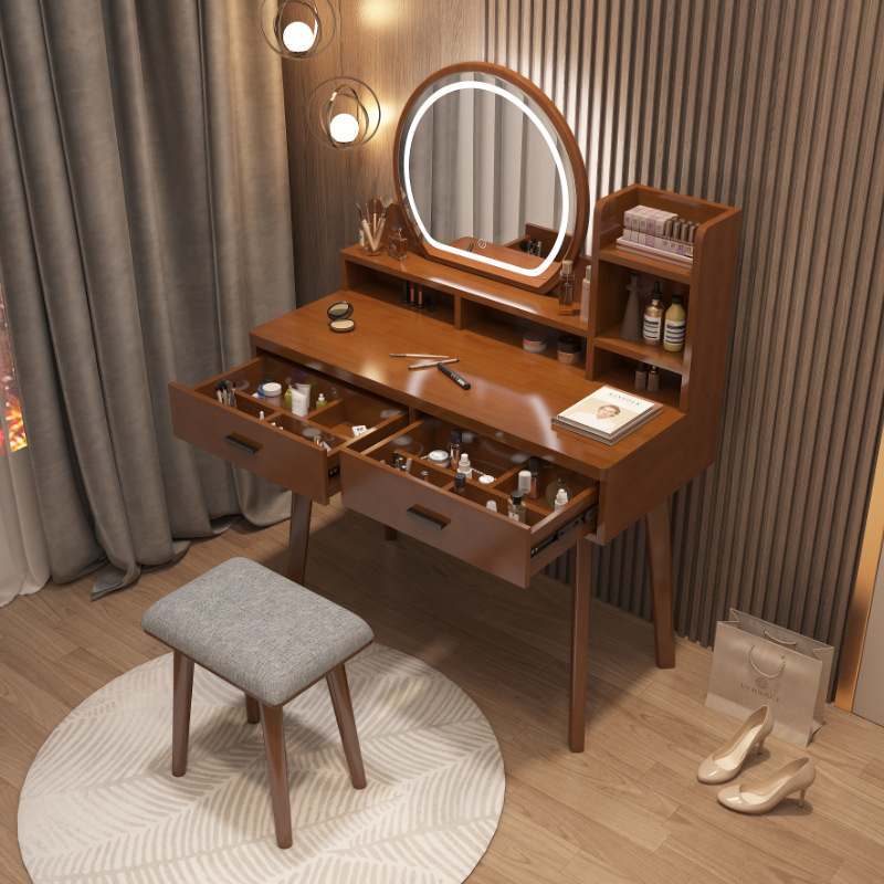 A small Nordic dresser in the wood dressing table. A modern, simple dresser table with a red light.