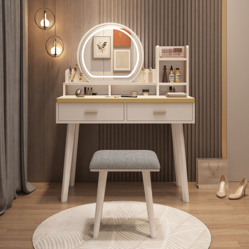 A small Nordic dresser in the wood dressing table. A modern, simple dresser table with a red light.