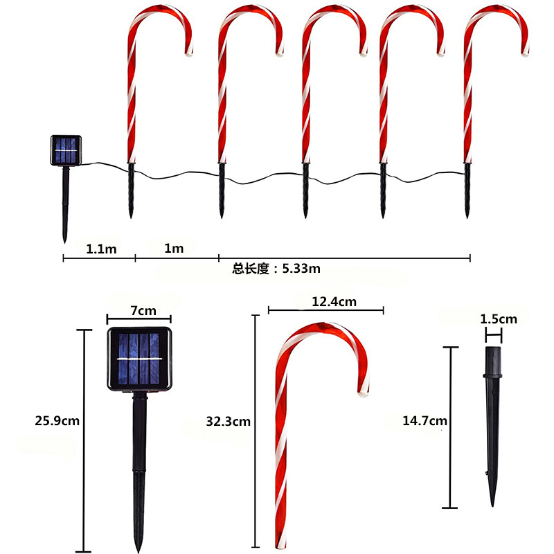 跨境新品户外太阳能地插灯 一拖五圣诞糖果拐杖灯 节日庭院装饰