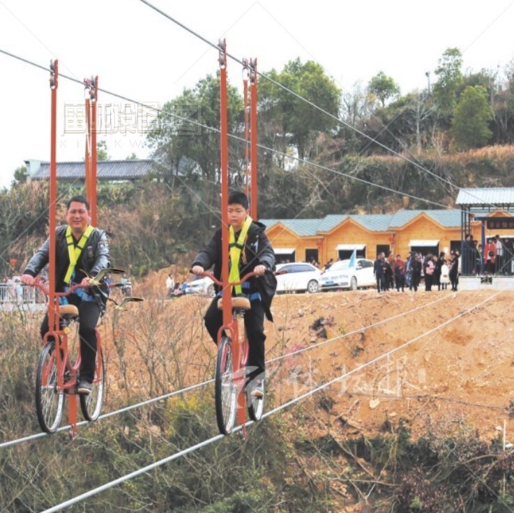 Aerial bike view area with a single-man network of red-air high-altitude bicycles with no power on the steel line bike