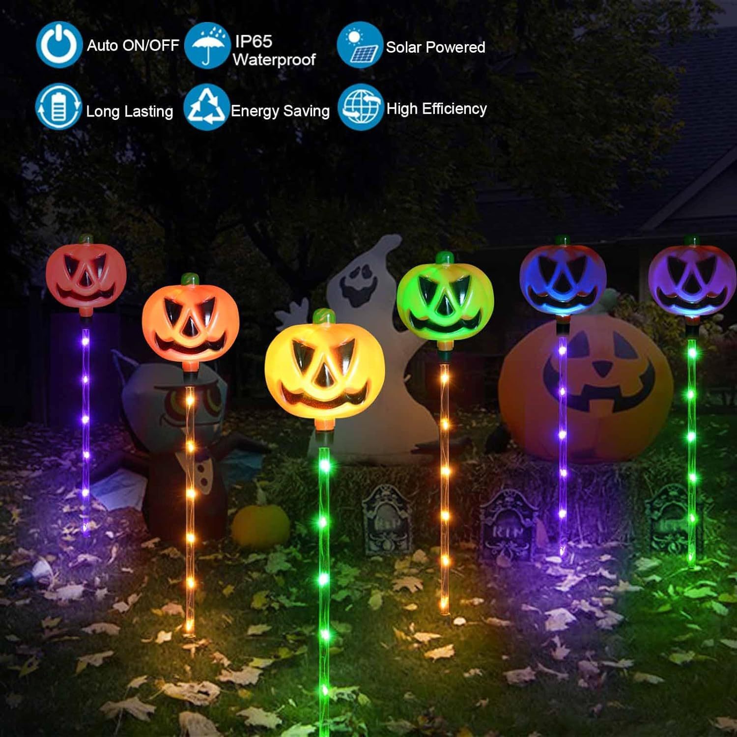 "Hallow pumpkin solar-plugs, pumpkin garden decorations, Halloween lights outside."