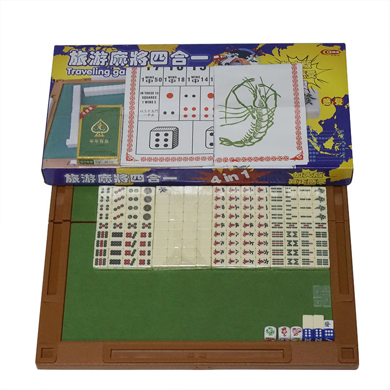 A customized mini mahjong with a folding table engraved trip with a dice on the cardboard.