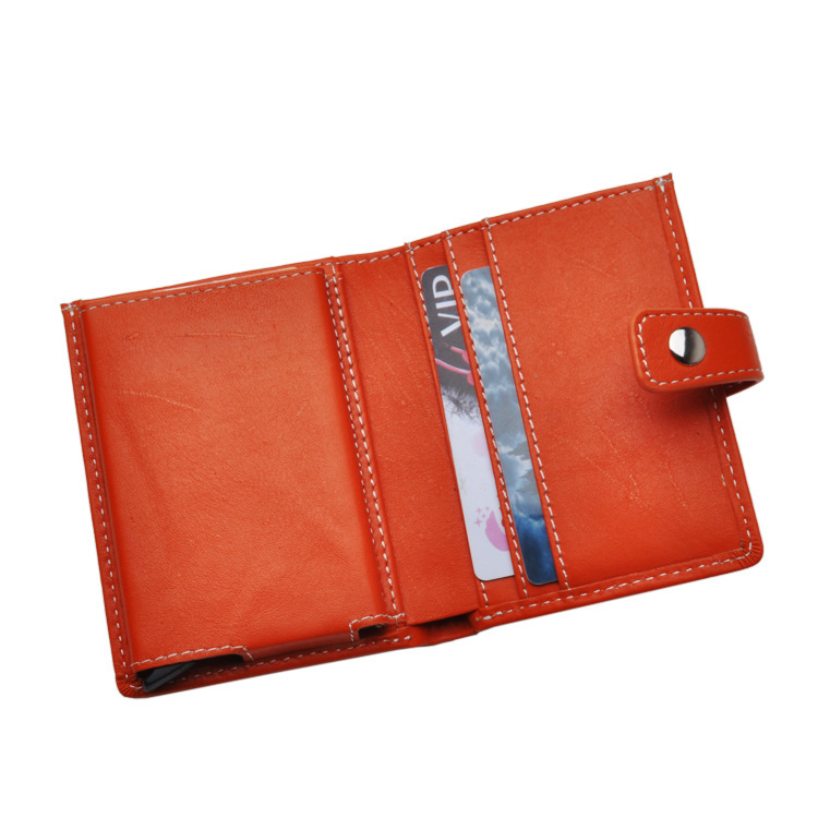 Pop-up bank credit card packs for real RFID business cards with a simple aluminium multi-capacity woman's wallet