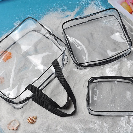 PVC ความโปร่งใส 3 ชุดของชุดเครื่องสําอางค์การท่องเที่ยวแบบ PVC