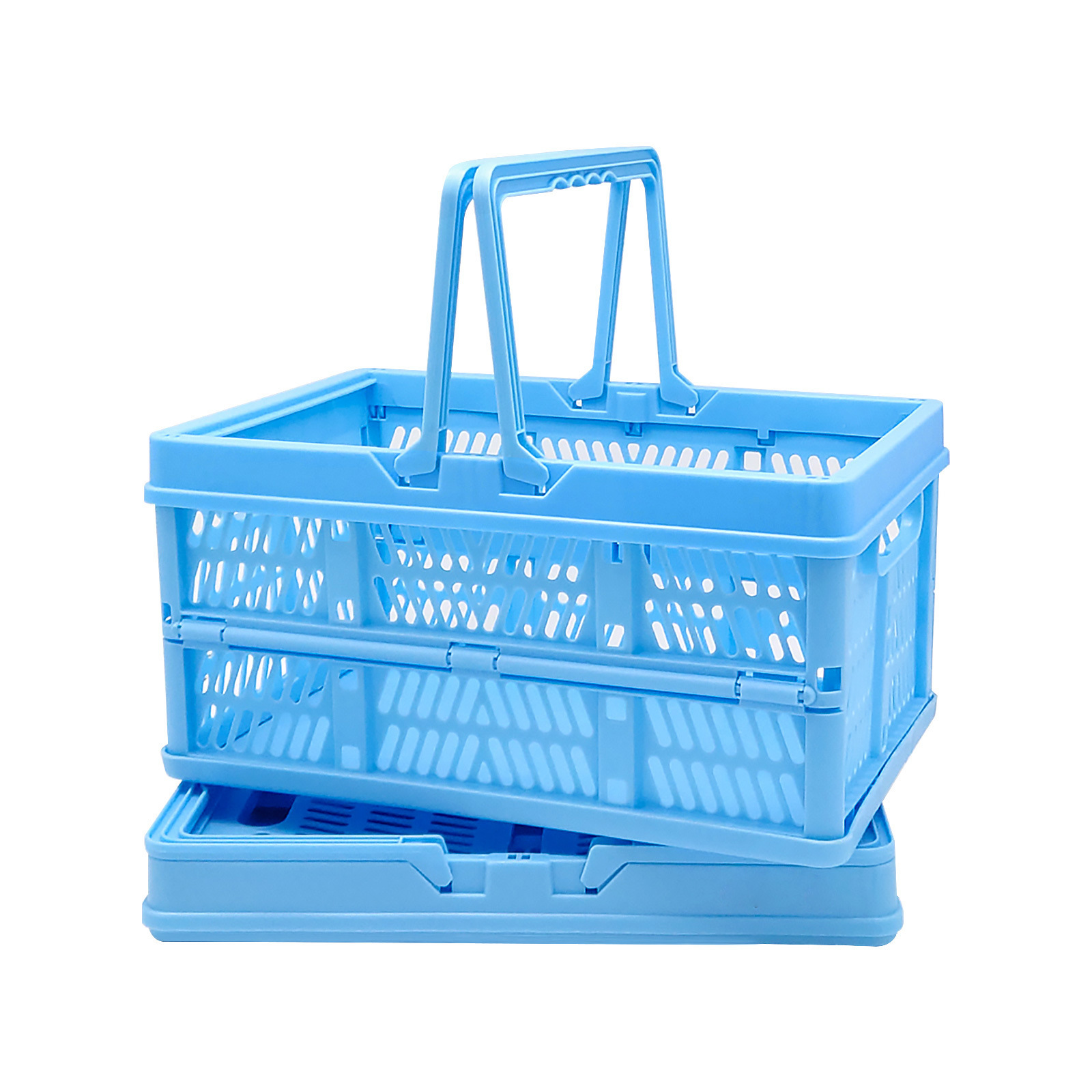 We can fold a shopping basket with a hand-held plastic basket with a desktop stationery and a picnic fruit basket.