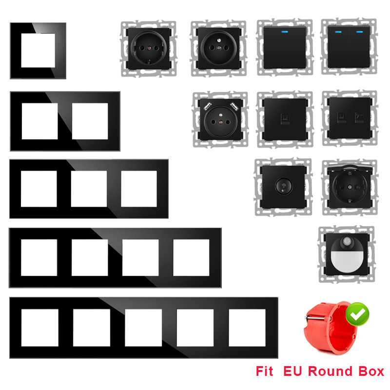 82型欧标德式法式智能涂鸦开关插座功能模块组合墙壁黑色玻璃面板